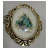 Vtg Floral Bouquet Under Glass Medallion Brooch