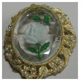 Etched & Colored Glass Rose Medallion Brooch