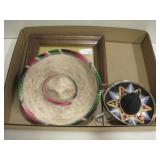 2 Small Sombreros & Framed Cross Stitch Art