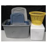 Lot Of Plastic Tubs. Laundry Baskets & Foam Cooler
