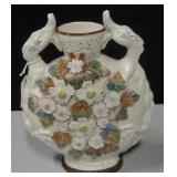 12" Majolica Vase Chipped Flowers, Repaired Handle