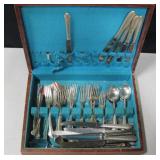Vtg Wood Box w/ Assorted Silver Plated Flatware
