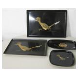 Lot Of 4 Couroc Roadrunner & Pottery Inlay Trays