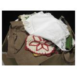 Box Lot of Table Cloths, Pot Holders, & More