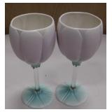Pair Of Newman Ceramic Works Flower Wine Glasses