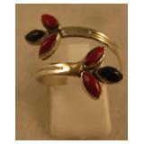 Sterling Silver Coral & Jet SW Ring