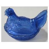 Vtg Hen Covered Blue Glass Dish - 7.5" Tall