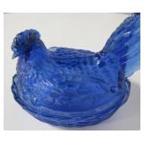 Vtg Hen Covered Blue Glass Dish - 5" Tall