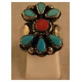 Sterling Silver Turquoise & Coral SW Ring