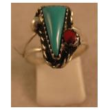 Sterling Silver Turquoise & Coral SW Ring