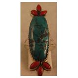 Sterling Silver Turquoise & Coral SW Ring