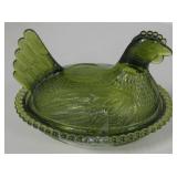 Vtg Hen Covered Green Glass Dish - 5" Tall