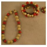 Vtg 1950s Orange/White Bead Bracelet/Ring/Necklace