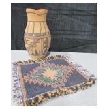 6" Tall NA Style Ceramic Vase & 6" x 5" Weaving