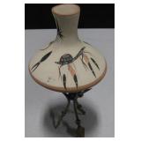 1987 Signed NA Pottery Vase on Brass Stand