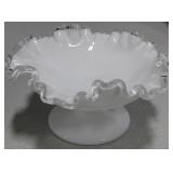 White & Clear Glass Footed Candy Dish Ruffled Rim
