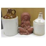 10" Chalk Ware Indian & 2  Stone Ware Jugs
