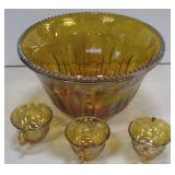 12" Diameter Carnival Glass Punch Bowl & 3 Cups