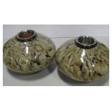 2 Art Glass w/ Ceramic & Metal Candle Holder Bowls