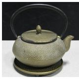5" Tall Asian Cast Brass Teapot w/ Trivet Base