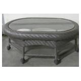 Oval Woven Plastic Patio Table w/ Glass Top