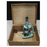 Vtg Tasco Zoom 900X Microscope w/ Wood Box