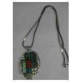 Southwest / S.S. Turquoise & Coral Inlay Pendant