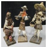 3 Vintage Folk Art Paper Mache Village Figurines