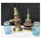 2 Each Wooden Wheel Hub Lamps & Blue Mason Jars