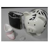 Porcelain Piggy Bank, Glass Rings, Flask Purse