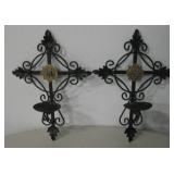2 Black/Gold Tone Rose Crest Cross Candle Sconces