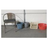 Chair, Plastic Crate, 2 Mop Buckets & Plastic Tub