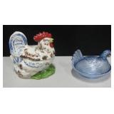 2 VNTG Porcelain & Blue Glass Chicken Lidded Bowls