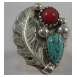 Sterling Silver Turquoise & Coral Inlay Ring