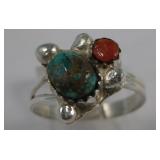 Sterling Silver, Turquoise & Coral SW Ring