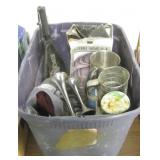 Bin of Kitchen Items, Tennis Rack, Hats & More
