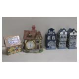 Various Ceramic Miniature Stores & Cottage Clock