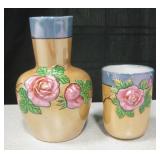 Peach & Blue Lusterware Tumble Up Carafe & Cup