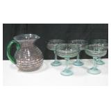 Mexican Art Glass Pitcher & 5 Stemmed Glasses