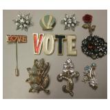 10 Vintage Costume Jewelry Brooches Or Pins