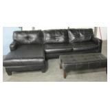 "L" Form Sectional Black Leather Sofa & Ottoman