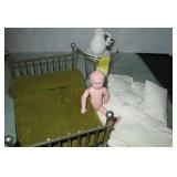 VNTG Miniature Brass/Cloth/Porcelain Bed/Bowl/Doll