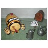 Miniature Wooden/Pewter/Tin Barrel, Pots & Mailbox