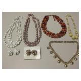 5 Vtg Costume Jewelry Necklaces - 2 w/ Earrings