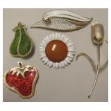 5 Large Vintage Costume Jewelry Brooches Or Pins