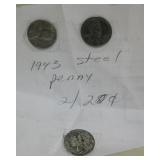 2- 1943 Steel Pennies & 1-1943 Silver Mercury Dime