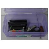 Bin of Pocket Knives, Scissors & Wrist Watch