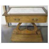 Oak & Faux Marble Top Table w/ Single Drawer
