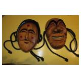 2 Carved Wood Asian Masks - 6.5" Tall