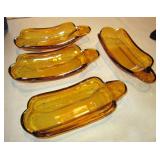 4 Vintage Amber Glass Holder Boats - 8.75" Long